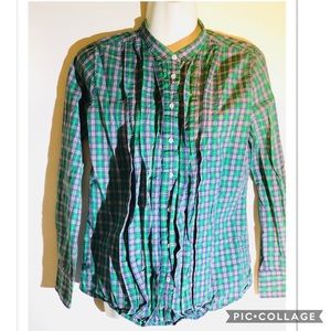 J Crew Gr/Bl plaid ruffle front buttondown size sm